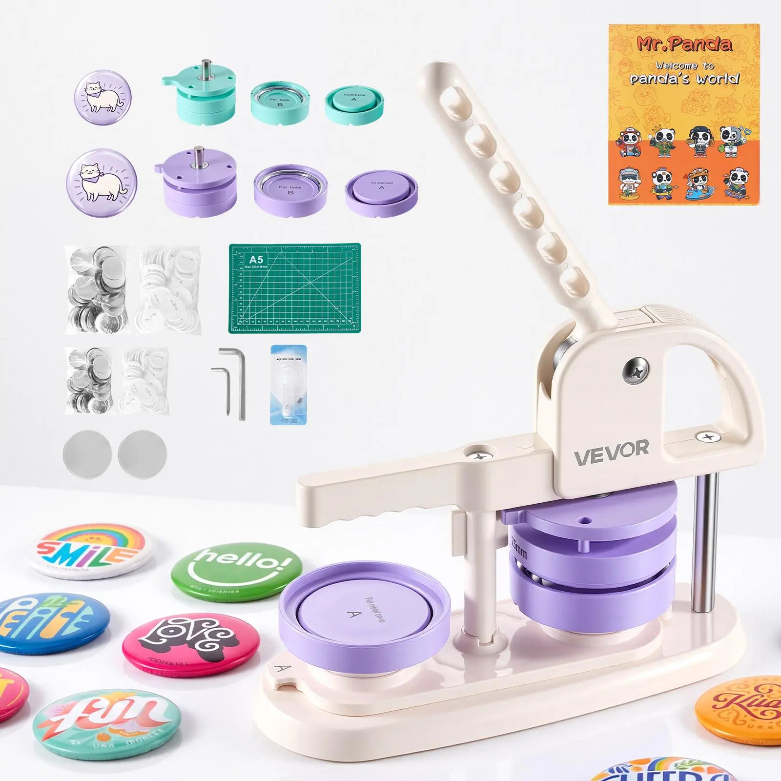 VEVOR Button Maker Machine, 2.25"/3"(58/75 mm), Quick-Change Plastic Pin Maker with 200pcs Button Parts, Circle Cutter and Magic Book, Reinforced Handle, for DIY Badges, Pins, Key Chains