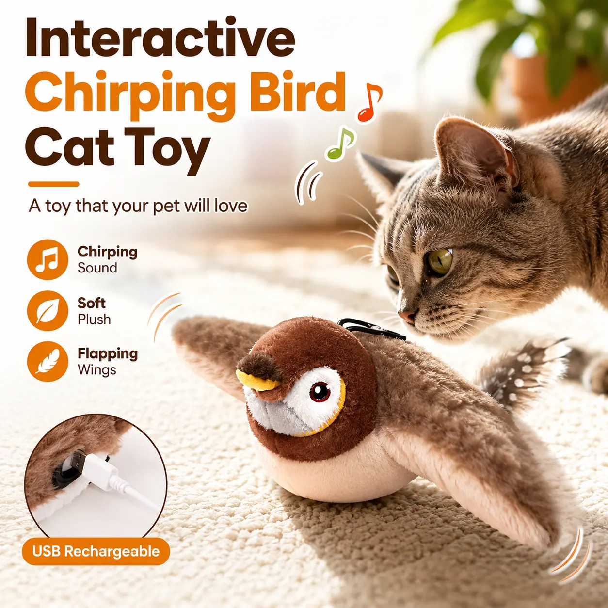 Interactive Cat Toy, Chirping Bird Cat Toy, USB Rechargeable Cat Toy, Touch Activated Flapping Bird, Plush Bird Toy for Cats, Real Feather Cat Toy, Indoor Cat Exercise Toy, Kitten Hunting Toy, Pet Enrichment Toy, Bite Resistant Cat Toy