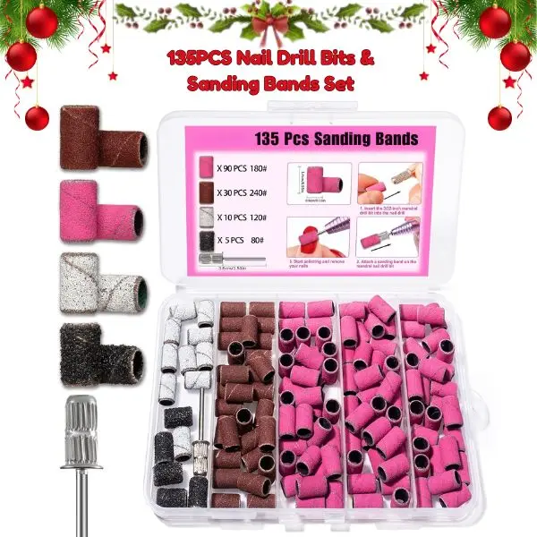 130‑Piece Nail Drill Bits & Sanding Bands Set – Mixed Grit 80#120#180#240# for Acrylic & Gel Manicure, Pedicure, Nail Tech Drill Tips for Christmas Gift