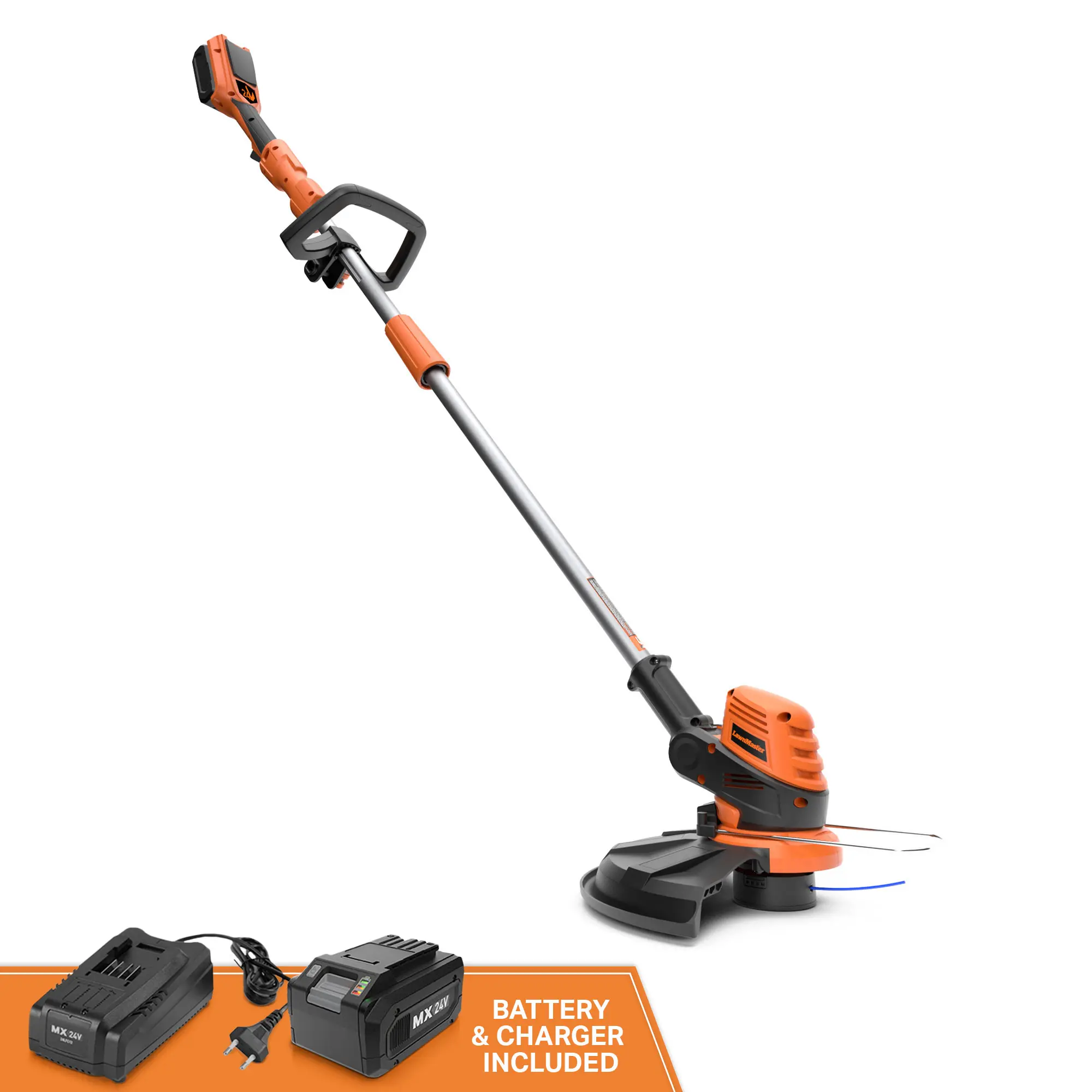LawnMaster 24V 12-Inch Portable Cordless String Trimmer Tool, 2.0AH Batteries with Cells, 24V 2.5A Fast Charger, 12-Inch Cutting Width, Ergonomic Handle, Auto-Feed Spool, Edge Trimming, Retractable Guard