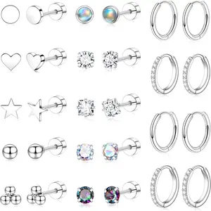 Flat Back Stud Cartilage Earrings for Women Surgical Stainless Steel Earring Sets Stack for Sensitive Ears Multiple Piercing Silver Screw Back