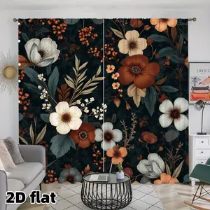 2D Flat 2Pcs Vintage Floral Window Curtains, Dark Background with Rust Orange and White Flowers, Botanical Print Rod Pocket Panels, Living Room Bedroom Dining Kitchen Treatment, Home Decor, Light Filtering Privacy Protection, Window Decorations Supplies