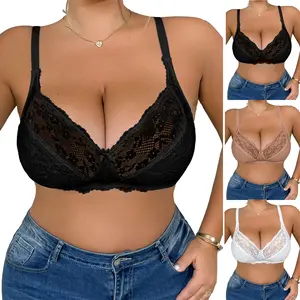 Women's Floral Lace Plus Size Wireless Unlined Unpadded No Underwire Minimizer Full Coverage Bra Womenswear Comfortable Breathable Mesh Cup Bralette Everyday Bras Comfort Non-Padded Underwear