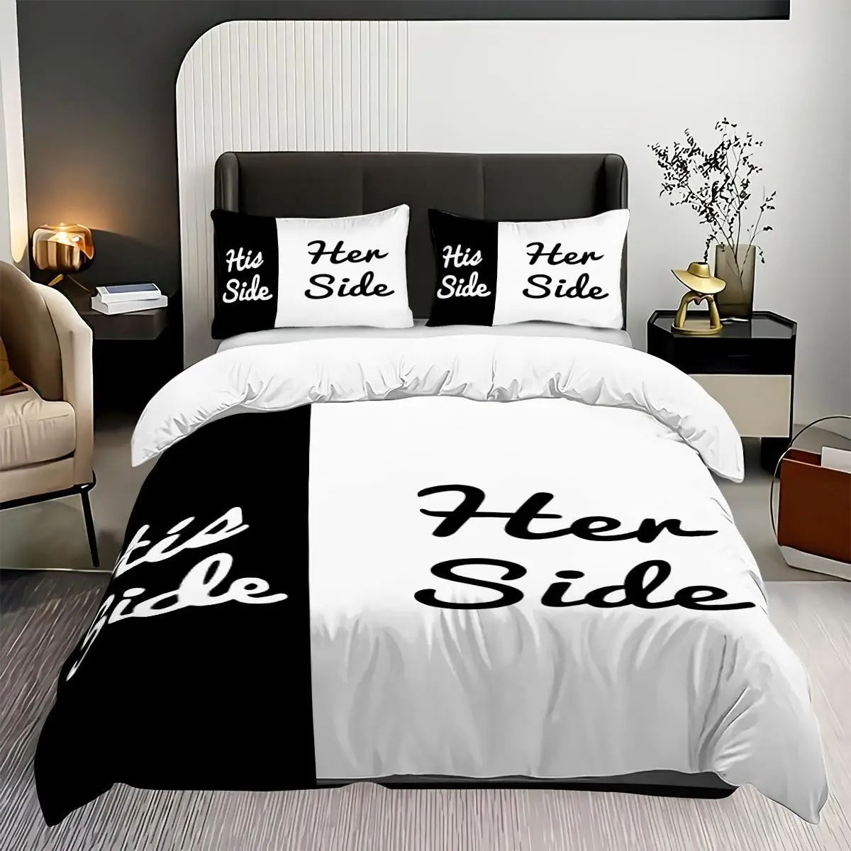 His Side & Her Side Pattern Bedding Set without Fillers, 3 Counts/set Including 1 Duvet Cover & 2 Pillowcase, Cozy Room Accessories, Soft Comfortable