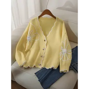 Plus Size Women's Loose Fit V-Neck Cardigan - Yellow Floral Embellished Button Front with Ruffled Hem, Breathable Spring/Fall Resort Style Sweater for Casual & Resort Wear, Cardigan Sweater, Spring Outerwear, Wave Pattern Sleeves, Elegant K