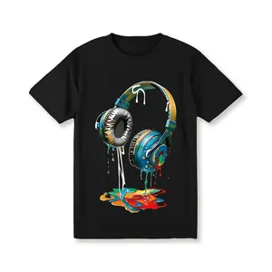 Men'S Navy Blue Cotton T-Shirt With Vibrant Headphone Graphic Print – Casual Street Style, Short Sleeve, Round Neck, Machine Washable, 100% Cotton, Perfect For Summer Fashion And Casual Attire, Cotton T Shirts