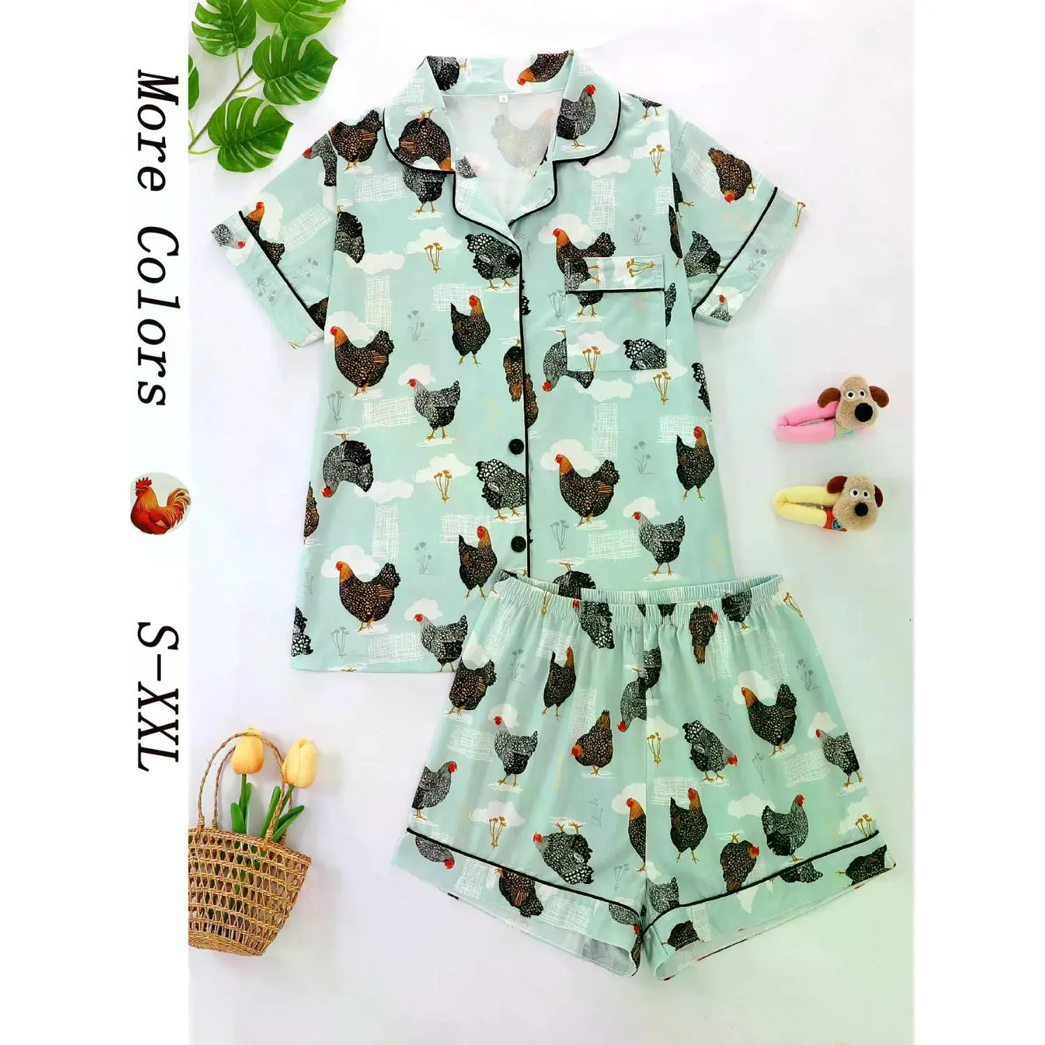 Women's Summer Short Sleeve Pajama Set - 2 Piece Button Front Top and Elastic Waist Shorts with Cartoon Chicken Print, Comfortable All-Season Sleepwear