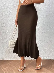 Women's Casual High-Waisted Fitted Mermaid Knit Skirt, Womenswear Slim-Fitting Solid Color Midi Skirt Bottoms, Comfortable Chic Elegant Basic Minimalist Fashion Clothing for Daily Wear