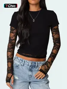 Women's Floral Lace Sheer Crop 2-in-1 Tee, Casual Long Sleeve Round Neck T-shirt for Daily Wear, Everyday, Ladies Clothes for All Seasons, Womenswear