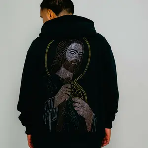 San Judas Rhinestone Hoodie Unisex Casual Sweatshirt with Print Design Front Pocket Hooded Style 100% Cotton Long Sleeve Pullover