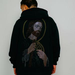 San Judas Rhinestone Hoodie Unisex Casual Sweatshirt with Print Design Front Pocket Hooded Style 100% Cotton Long Sleeve Pullover