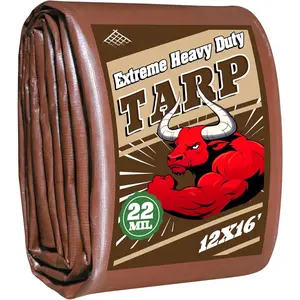 12x16 FT Tarp 22 mil  Heavy Duty  tarps,Brown&Beige Multipurpose Outdoor Tarpaulin -Proof&UV-Resistant,for Canopy,Camping,Roof,, Etc