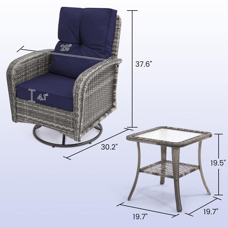 2 Luxury Outdoor Swivel Wicker Glider Patio Chairs with Glass Table Set, Overstuffed Washable Cushions, Ideal for Porch, Balcony, Deck, Grey Rattan and Blue Cushions. wicker  furniture