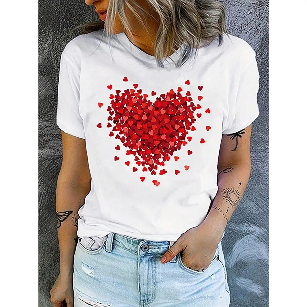 Women's Casual Versatile Heart Print Round Neck Short Sleeve T-Shirt White Summer, Women's Trendy Heart Graphic Tee, Y2K Cute Casual Cotton Top, Summer Short Sleeve Streetwear T-Shirt