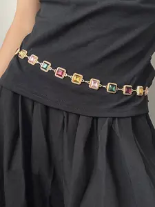 Vintage Gold Waist Chain for Women, Belly Chain, 1 Piece Colorful Square Gemstone Metal Link Belt, Adjustable Rhinestone Body Chain Fashion Accessory for Dress Jeans Party Daily Wear