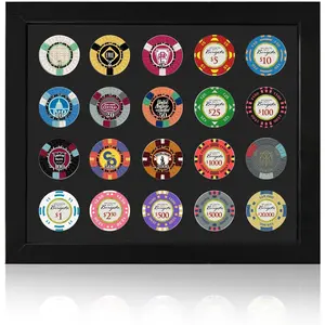 Poker Chip Display Frame for 20 Chips, 11.8"x9.8" with EVA Foam Lining & Black Flocked Fabric, Wall Mount or Tabletop Display
