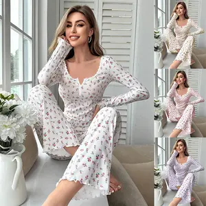 Women's Ribbed Knit Pajama Set - Cute Floral Print Long Sleeve Henley Top & Lettuce Trim Pants 2 Piece Soft Loungewear Sleepwear Suits