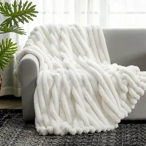 Raybee Fleece Queen Blanket for Couch - 300GSM Soft & Warm Fluffy Cream White Blanket, Decorative and Giftable Striped Blankets for Women, Men,Perfect Holiday Gift