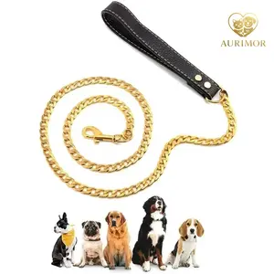 Strong Gold Pet Chain Leash 4FT for Cats & Dogs – 18K Gold-Plated Stainless Steel Cuban Link Pet Leash, 12mm Heavy-Duty Curb Chain,dog accessories,dog products, Durable & Stylish for Daily Walks, with Comfortable Genuine Leather Handle (Gold)