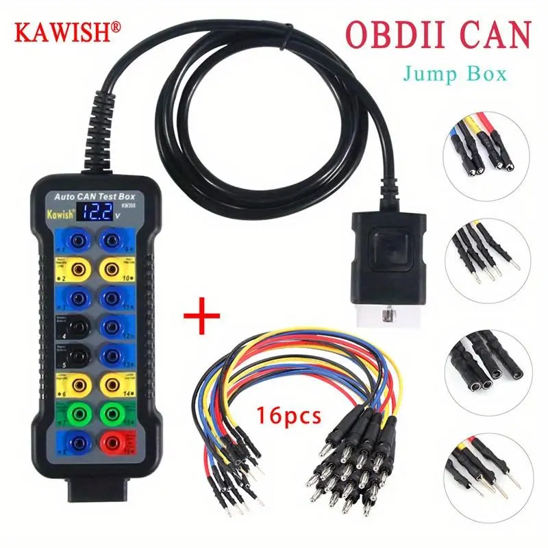 16-Pin OBD2 CAN Bus Test Junction Box Car Battery Tester, Automotive Diagnostic Tool with LCD Display, Signal LEDs, 12V/24V OBDII Protocol Detector for Communication & ECU Testing