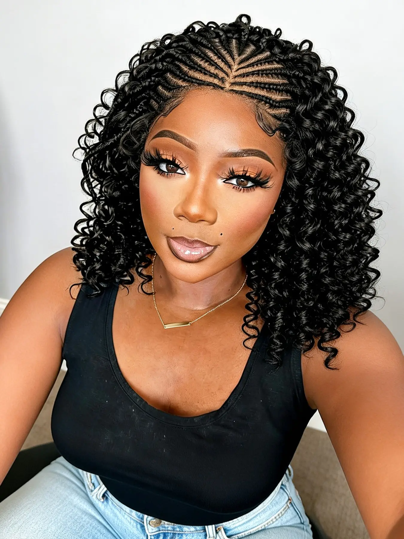 Cornrow Braided Lace Front Wigs for Women, 16inch Short Curly Bob, #1b, Pre Plucked Natural Hairline, Glueless Wear Wig Daily Use, Synthetic Wig