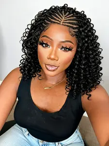 Cornrow Braided Lace Front Wigs for Women, 16inch Short Curly Bob, #1b, Pre Plucked Natural Hairline, Glueless Daily Use