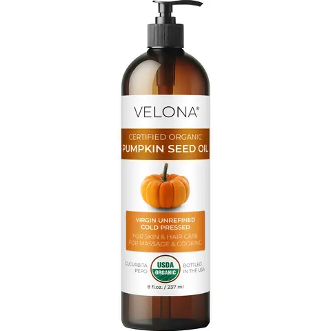 VELONA USDA Organic Cold-Pressed Pumpkin Seed Body Oil - 8 oz, Alcohol-Free, Chemical-Free Moisturizer with Pump for Supple Skin, Hydrating Bath & Body Care Solution