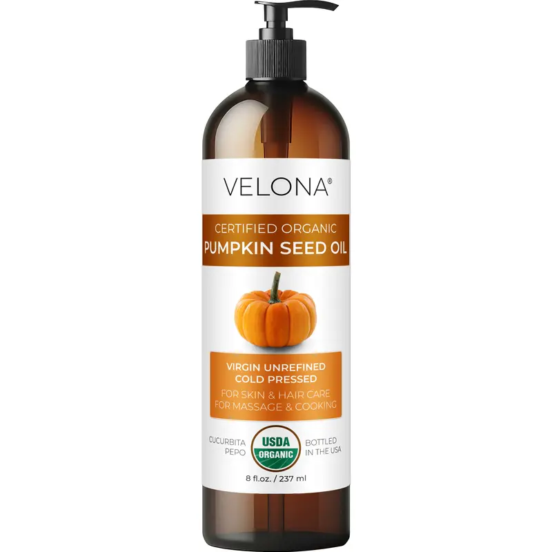 VELONA USDA Organic Cold-Pressed Pumpkin Seed Body Oil - 8 oz, Alcohol-Free, Chemical-Free Moisturizer with Pump for Supple Skin, Hydrating Bath & Body Care Solution