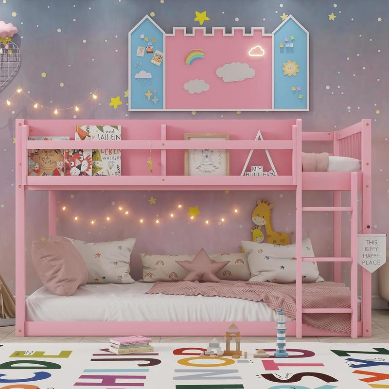 Twin Low Bunk Beds Frame, Wooden Bunk Bed Frame Twin Over Twin, Convertible Floor Bunk Bed with Storage Shelf & Ladder, No Box Spring Needed (Pink) Twin Low Bunk Beds Frame, Wooden Bunk Bed Frame Twin Over Twin, Convertible Floor Bunk Bed with Storage Shelf & Ladder, No Box Spring Needed (Pink)