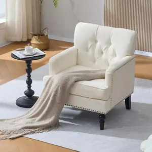 Tufted Club Chair Accent Chair with Lumbar Pillow Upholstered Button Armchair Linen Fabric Sofa Chairs for Bedroom Living Room Mid Century Modern Studded Reading Chair