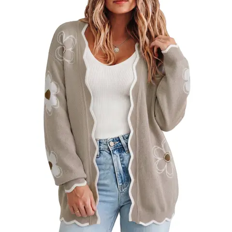 Eytino Womens Plus Size Floral Pattern Scallap Trim Open Front Drop Shoulder Cozy Sweater Cardigan (1X-5X) Cardigan Sweaters Winter