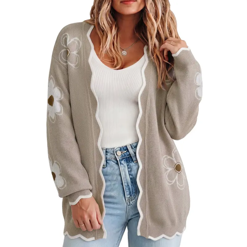 Eytino Womens Plus Size Floral Pattern Scallap Trim Open Front Drop Shoulder Cozy Sweater Cardigan (1X-5X) Cardigan Sweaters Winter