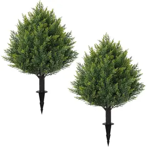 24.8" Artificial Cedar Topiary Ball Trees with Ground Spike, Set of 2 Faux Cypress  UV Resistant Artificial Pine Shrubs  Bushes for Outdoor Indoor Front Porch Garden