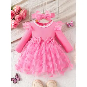 Spring And Autumn Style Dress for Baby Girls with Lace Round Neck, Bow Decoration, Mesh Splicing, And Flutter Sleeves, Developed for a Specific Purpose