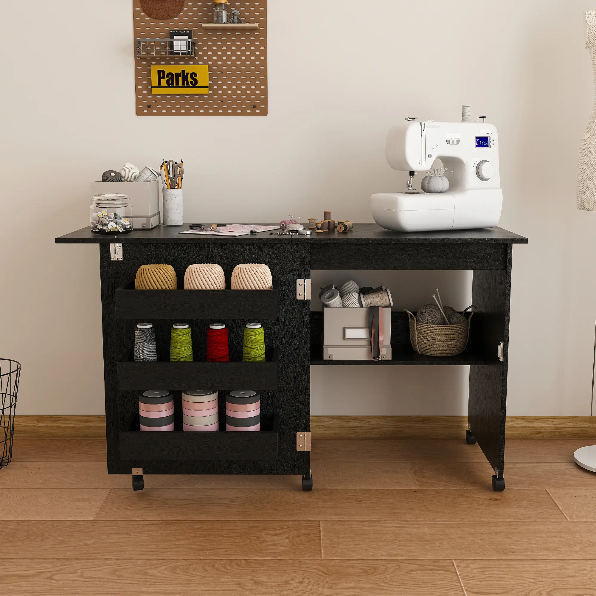45.67-Inch Black Folding Sewing Table with Lockable Wheels and Storage Shelves – Multi-Use Rolling Craft Station, Computer Desk, End Table, and Kitchen Organizer for Small Spaces