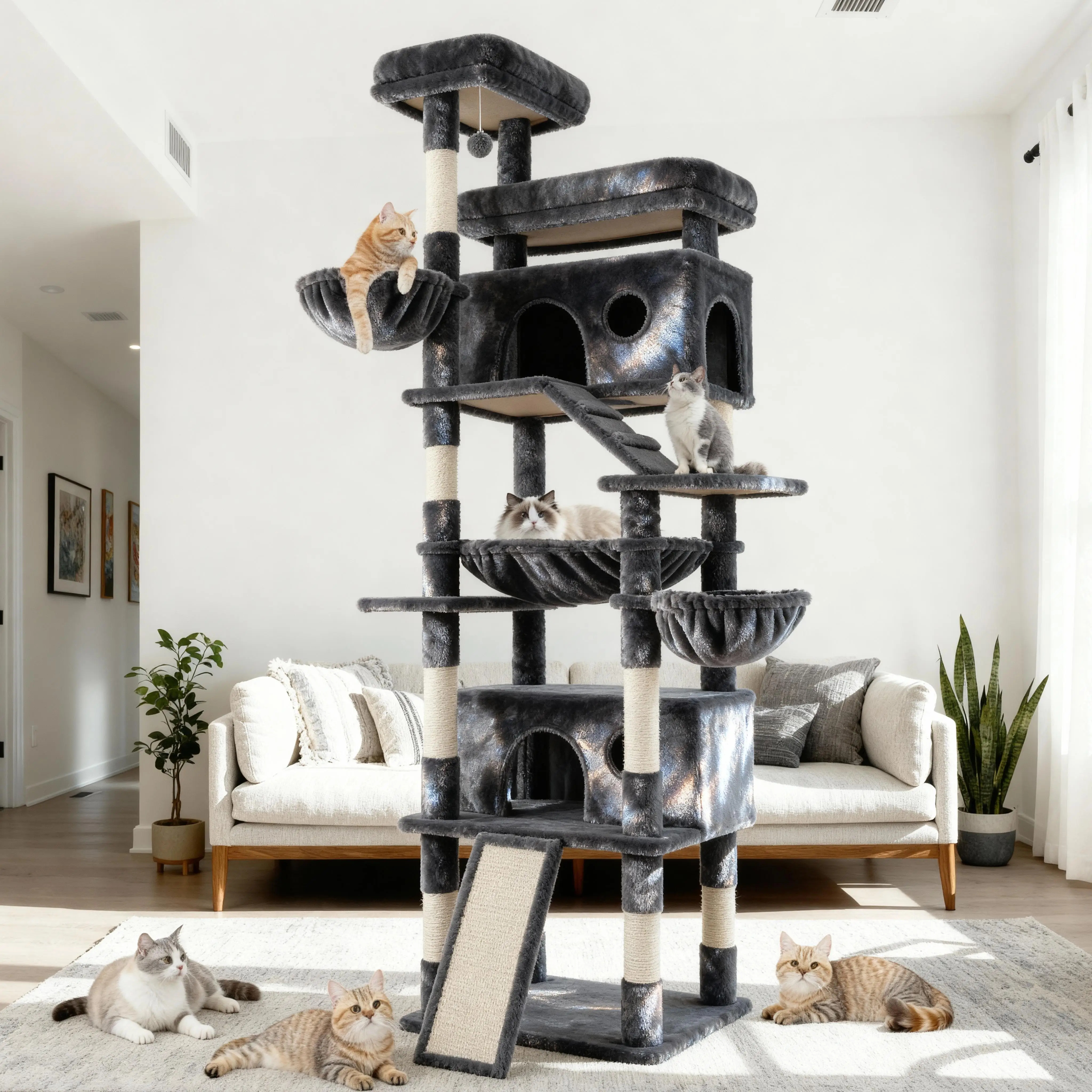 PurrFest 80in/65in Larger Cat Tree Tower Condo, Multi-Level Furniture Cozy Plush Cat Perches/Baskets/Sisal Scratching Posts and Hammock