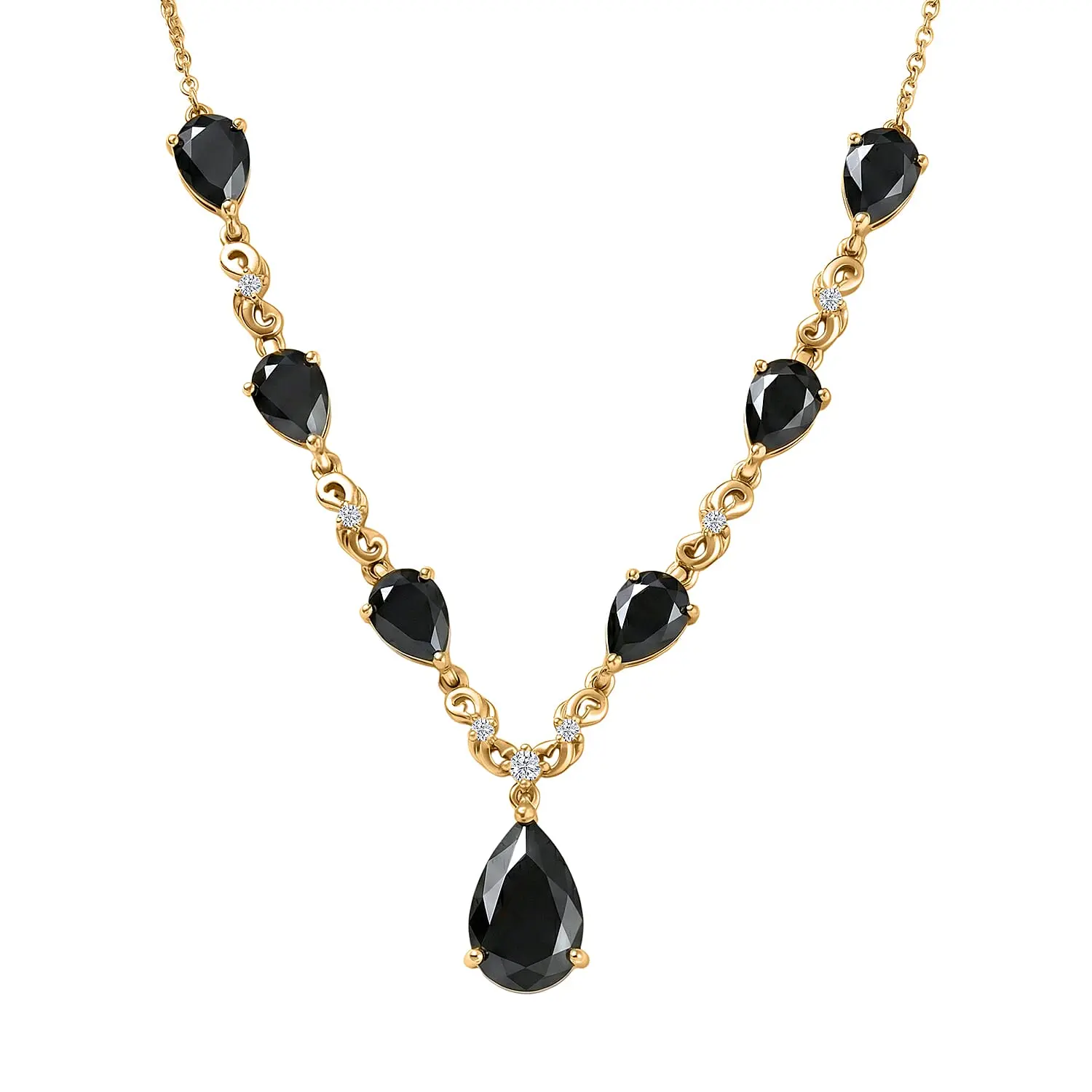 EverTrue Thai Black Spinel and White Zircon 14.35 ctw Midnight Pear Necklace in 18K YG Plated 18-20 Inches
