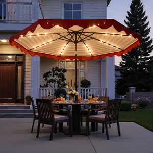 Weaxty 10FT Patio Umbrella with Solar Lights, Striped Scalloped Edge&Tilt Adjustment, UV-Resistant Canopy Outdoor Table Market Umbrella, Crank, Heavy-duty 8 Ribs for Backyard Poolside Deck Beach Lawn
