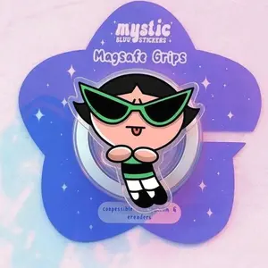 Sassy Green Cartoon Girl Magneticphonegrips – Tough Grumpy Girl Griptok for Kindleholder, 90s Nostalgia Phone Stand, Aesthetic Retro Accessory for Women.