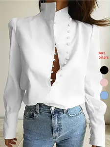Women's Plain Button Front Shirt, Casual Elegant Loose Long Sleeve Top for Spring & Fall, Women's Clothing for Daily Wear