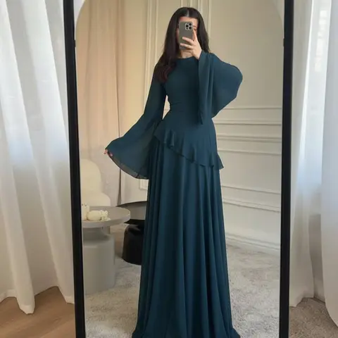 Women's Soft Fitted Formal Chiffon Maxi Gown - Adjustable Wedding Guest Dress, Smooth Lightweight Fabric, Drape Design, Tiered Ruffle Peplum, Long Bell Sleeves, Flared Silhouette, Sky Blue Womens Dresses MS227