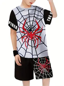 Boys' Spider-Man Print Short Sleeve Set, Summer Casual Cartoon Hero Style Two-Piece, Fitted Tee & Shorts for Kids Fun