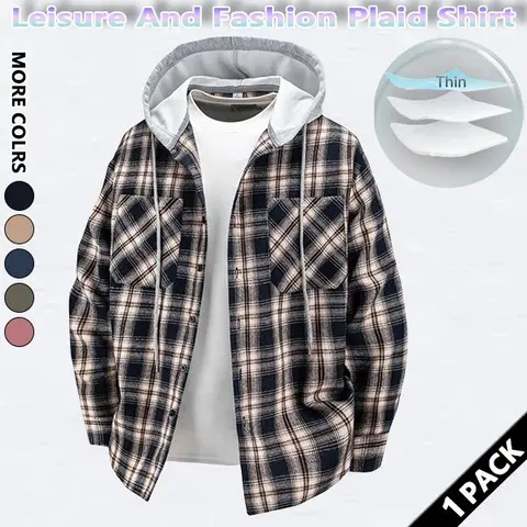 Men's Hooded Plaid Polyester Sweatshirt Jacket - Long-Sleeve Soft All-Seasons Streetwear, Casual Fall Outfit, Holiday Gift, Do Not Dry Clean