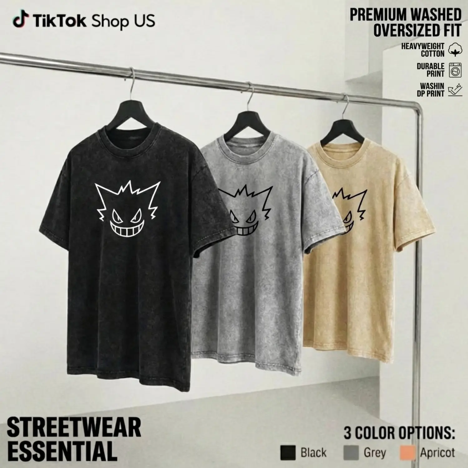 Shadow Ghost Creature Gengar Anime Graphic T-Shirt Vintage Acid Washed Oversized Streetwear Tee Dark Monster Smile Red Aura Aesthetic Unisex Gift for PKM Fans