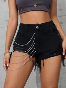 High Waist Denim Shorts with Metal Chain Decoration, Distressed Hem Design, Perfect for Summer, Trendy Streetwear Style