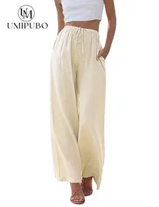 UMIPUBO Womens Linen Pants Casual Wide Leg Pants Summer Palazzo Pants Loose Flowy Beach Pants Drawstring Elastic Trousers