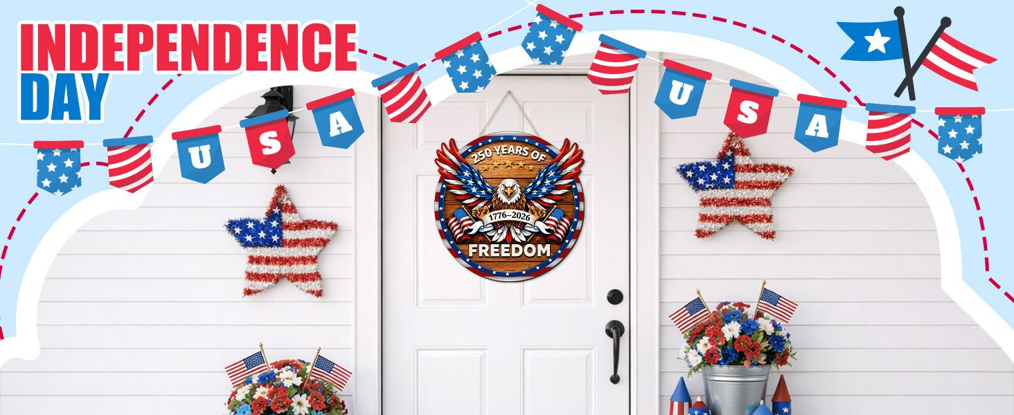 US 250th Anniversary Decoration Wooden Eagle Door Sign 250 Years of Freedom Wreath for Front Door Wall Signs Decor for 4th of July Home Decor Outdoor Indoor Party Supply