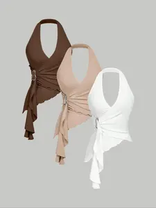 Women's 3-Piece Soft Touch Solid Cross Design Metal Buckle V-Neck Sleeveless Top Set, Fashionable Daily Wear, Versatile Inner and Outerwear