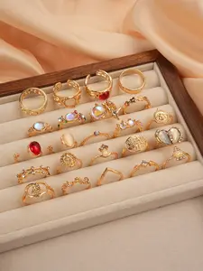 23 Piece Vintage Embossed Sparkle Stacking Ring Set, Unique Rings, Artificial Gemstone Rings Series, Folded Metal and Portrait Engraving Design, Unisex Retro Jewelry