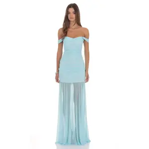 Lucy In The Sky Mesh Off Shoulder Ruched Maxi Dress